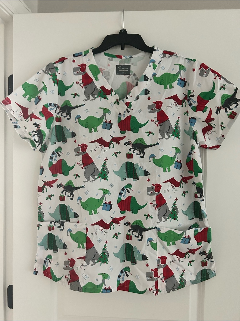 Uniform Advantage White Holiday Dinosaur Print Scrub Top